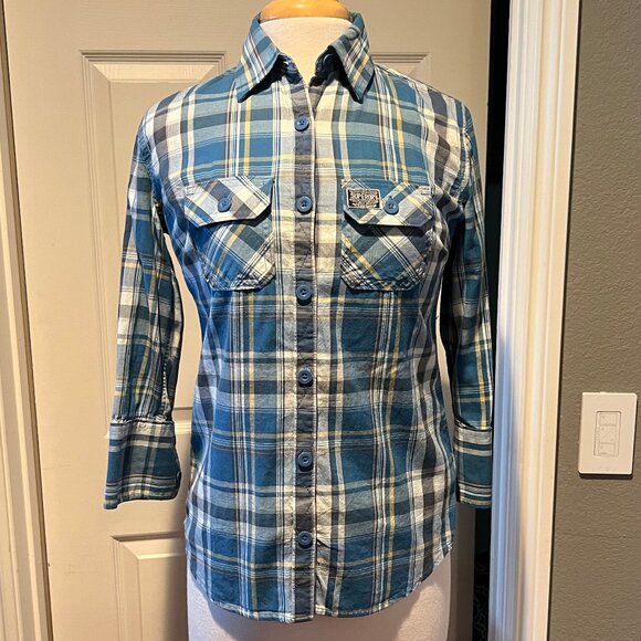 SUPERDRY women's blue plaid cotton shirt NWT S - Picture 2 of 5
